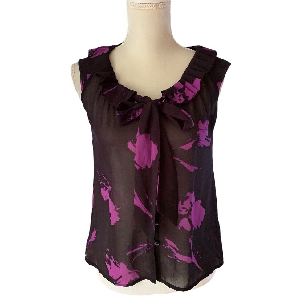 Banana Republic Sleeveless Tie Neck Blouse Women's XS Black and Purple Floral